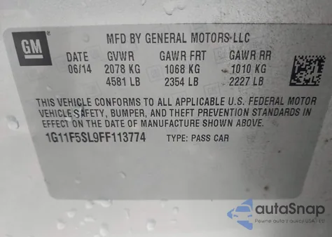 2015 Chevrolet Malibu Ltz z USA, uszkodzony, nr VIN 1G11F5SL9FF113774